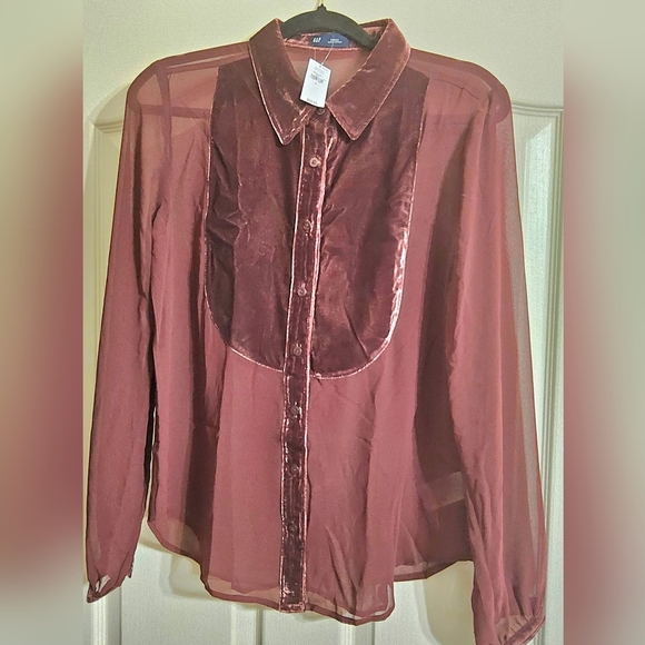 GAP Tops - Gap Chic Burgundy Velvet Panel Blouse Classic Bib Shirt